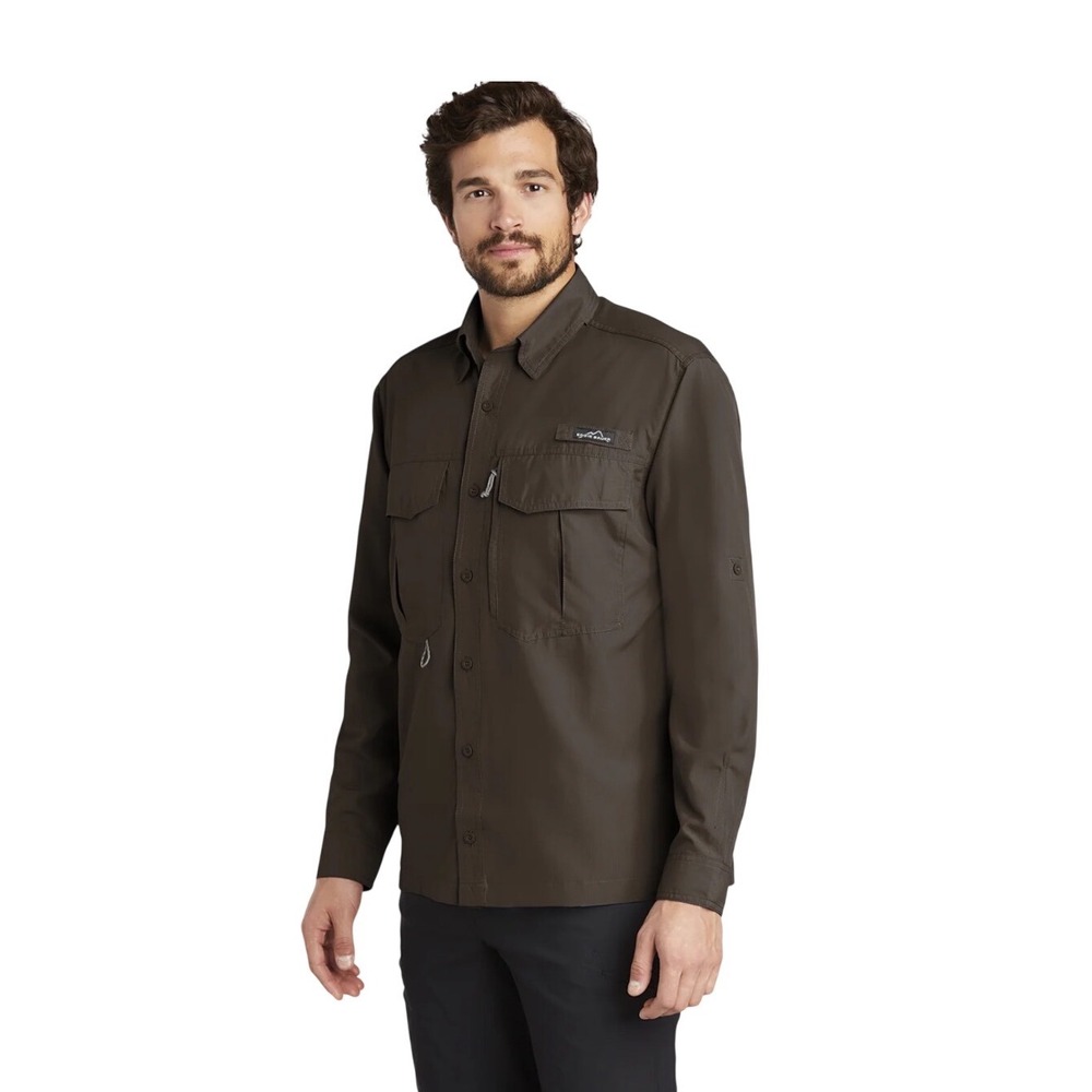 Eddie Bauer Fishing Shirt Mens 2XL Brown Ripstop Vented Long Sleeve Utility